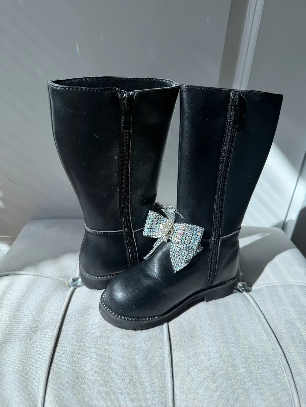 Kurt Geiger Black Kids Knee-High Boots with Rhinestone Bow